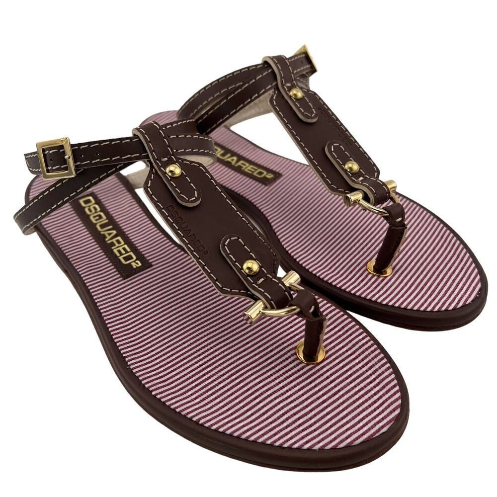 New Dsquared 2 Women 6 / 36 Sandals Brown Leather Flat Ankle Gold T-Strap Shoes